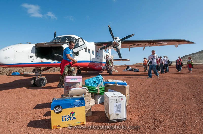 Airplane just landed at the airstrip of Robinson Crusoe Island