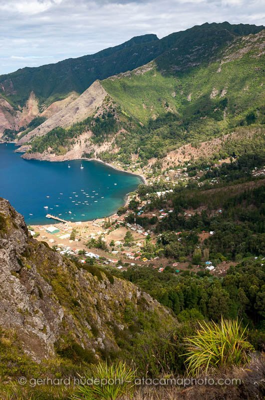 View of San Juan Bautista from Salsipuedes trail, Robinson Crusoe Island