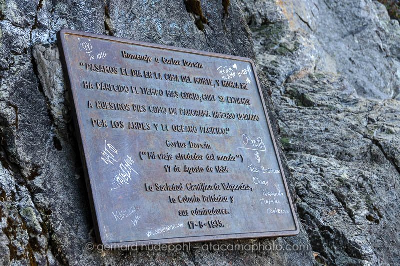 Plate that commemorates Charles Darwin's visit to Cerro la Campana, Chile